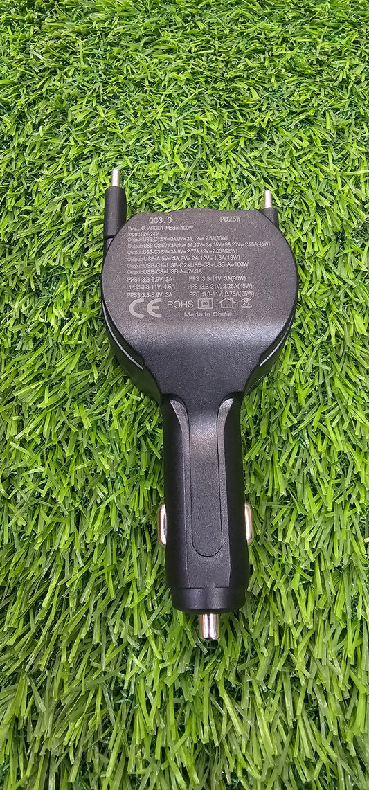 Elite edge Most Premium 4-port car charger | Alpha of car chargers | 2 retractable type c cables with about 4ft length | 2 ports , 1 type C, 1 type A | 100W output | one of kind charger to have in the car