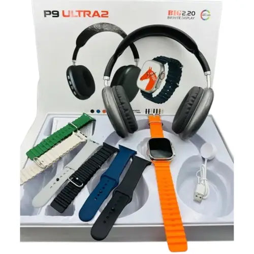 P9 Headphone with smartwatch , with 7 extra straps, wireless charger for watch and charging cable for Headphones