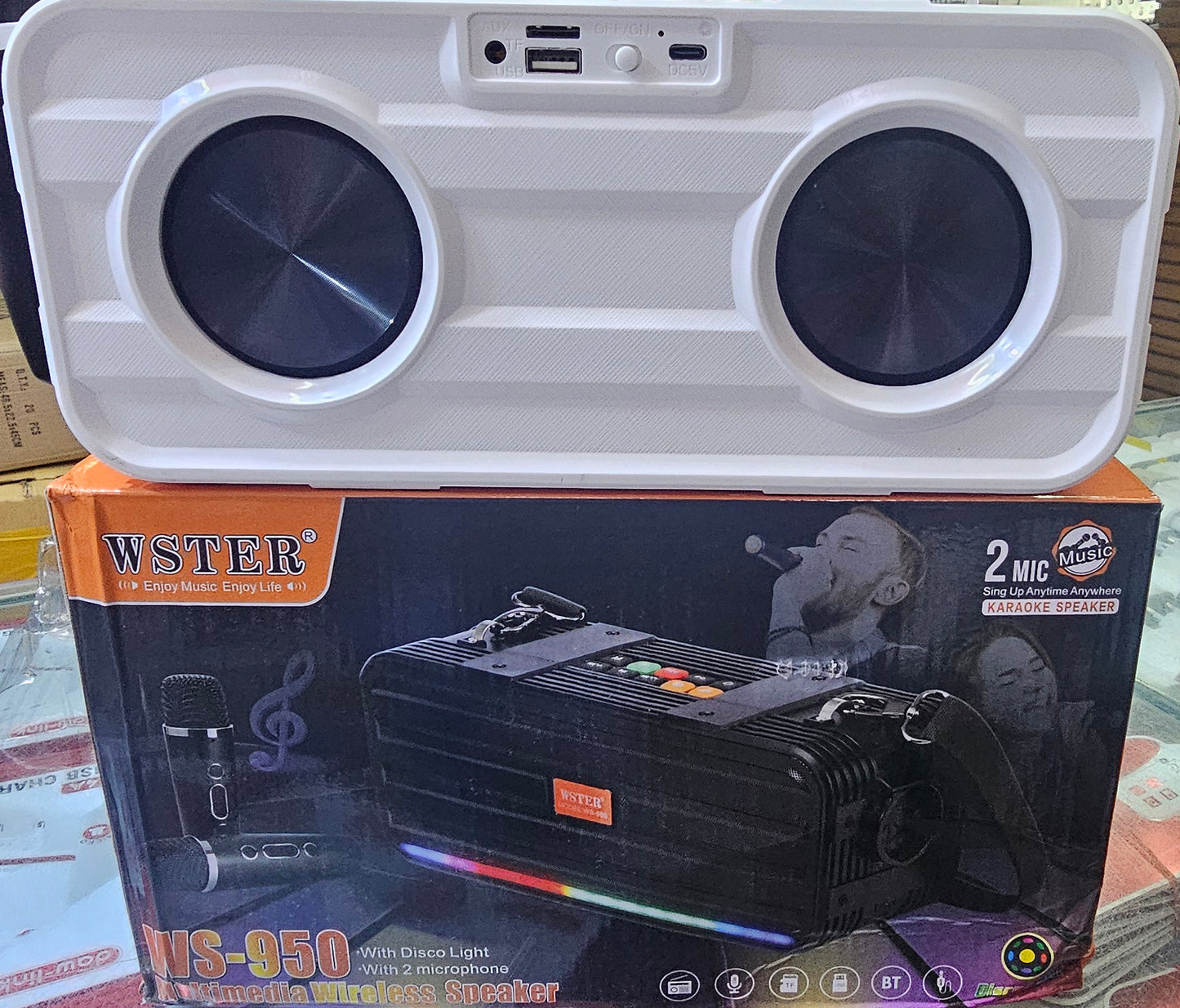 WSTER WS-950 Speaker system with 2 wireless Mics | KAROAKE setup | beatbox design with fun features built-in | Reliable build quality and long lasting battery