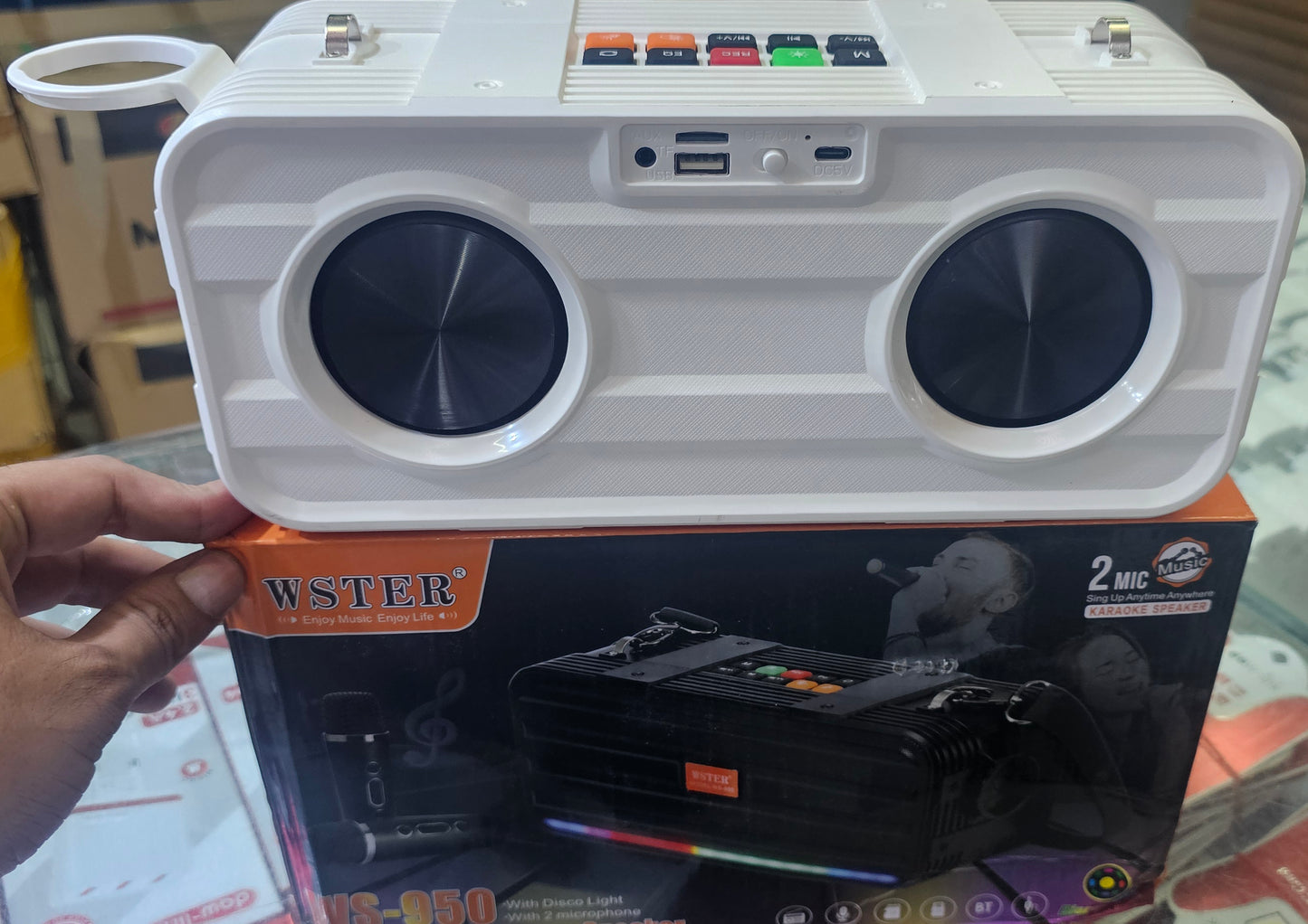 WSTER WS-950 Speaker system with 2 wireless Mics | KAROAKE setup | beatbox design with fun features built-in | Reliable build quality and long lasting battery