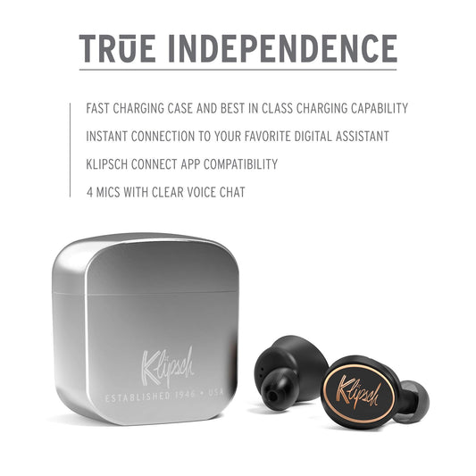 Klipsch T5 1st gen Active Noise Cancelling ANC True Wireless Earphones in Gunmetal with AI Hands-Free Operation, Bluetooth 5.0, Best Fitting Earbuds with Patented Comfort, and a Wireless Charging Case