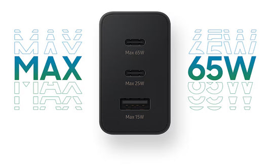 Samsung 65W 3-Port Super Fast Charging Wall Charger, GaN Adapter for Samsung Galaxy S24 Ultra/S24/S24+/S23 Ultra/S23/S23+/S22/S22 Ultra/S22+/S21 Ultra/S20 Ultra/Note 20/Z Fold 3/ laptops