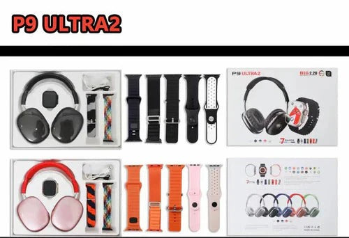 P9 Headphone with smartwatch , with 7 extra straps, wireless charger for watch and charging cable for Headphones