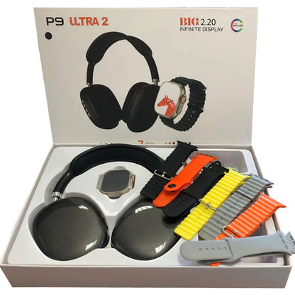 P9 Headphone with smartwatch , with 7 extra straps, wireless charger for watch and charging cable for Headphones