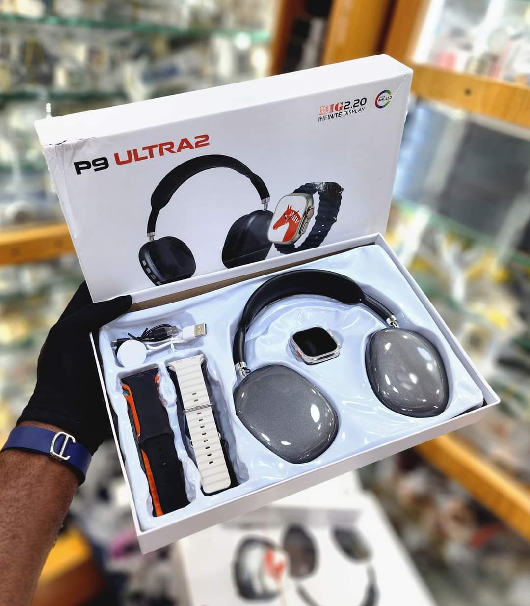 P9 Headphone with smartwatch , with 7 extra straps, wireless charger for watch and charging cable for Headphones