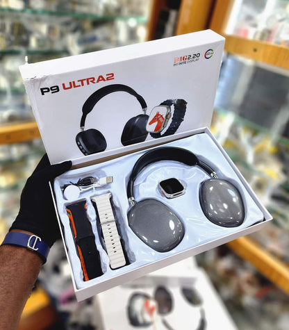 P9 Headphone with smartwatch , with 7 extra straps, wireless charger for watch and charging cable for Headphones