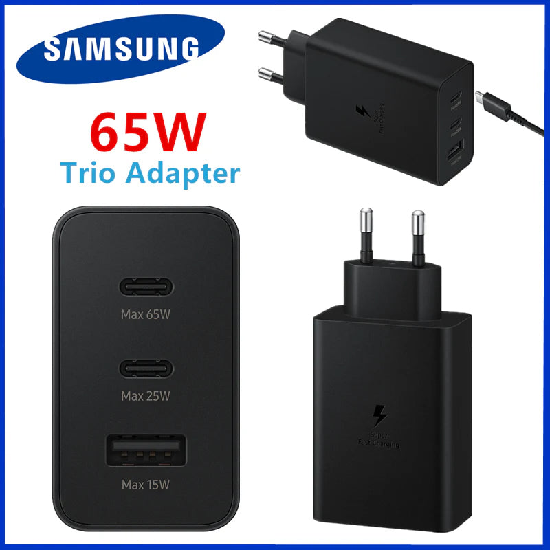 Samsung 65W 3-Port Super Fast Charging Wall Charger, GaN Adapter for Samsung Galaxy S24 Ultra/S24/S24+/S23 Ultra/S23/S23+/S22/S22 Ultra/S22+/S21 Ultra/S20 Ultra/Note 20/Z Fold 3/ laptops